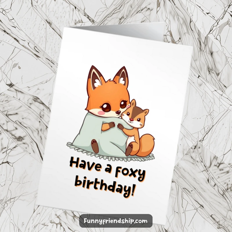 Funny Free Printable Birthday Card featuring a happy fox and squirrel sharing a cozy blanket, conveying warm birthday wishes.