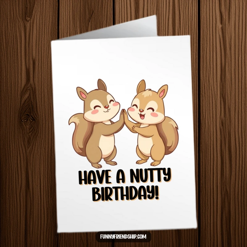 Funny Free Printable Birthday Card: A squirrel character celebrating enthusiastically by high-fiving another squirrel.