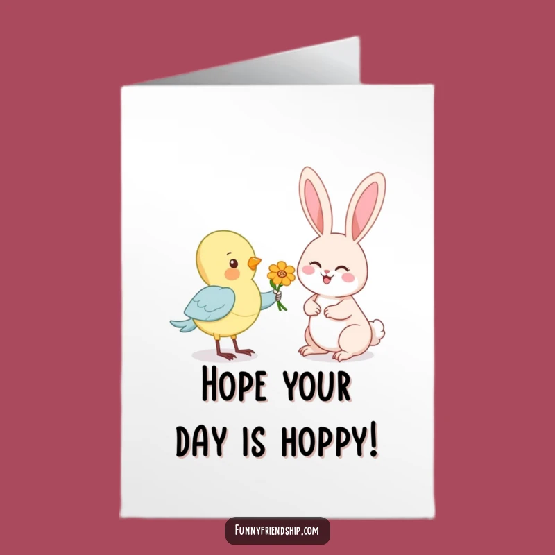 Free Printable Birthday Card: Funny Bird Gives Flower to Happy Rabbit, Downloadable Joke Gift