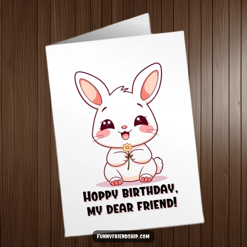 Funny Free Printable Birthday Card: A grinning bunny happily offers a small flower to a friend for their special day.