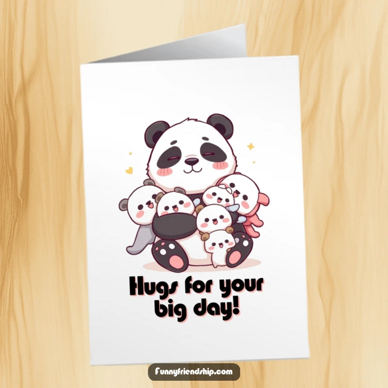 Funny Free Printable Panda Birthday Card: A cuddly panda joyfully embraces several smaller characters, spreading birthday cheer.