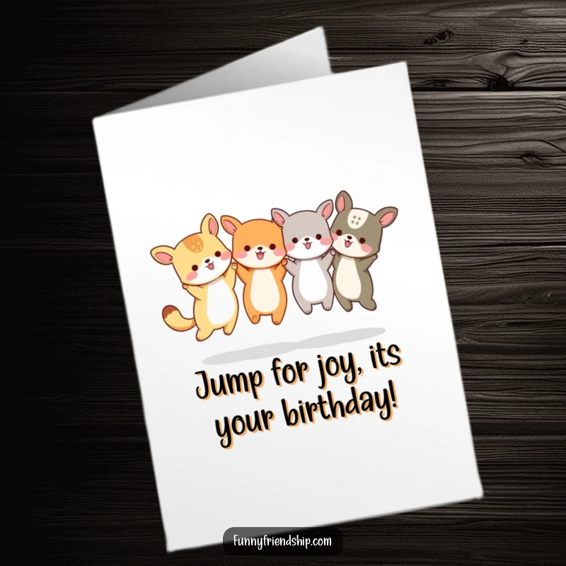 Funny Free Printable Birthday Card: A group of small animals holding hands and jumping with excitement.