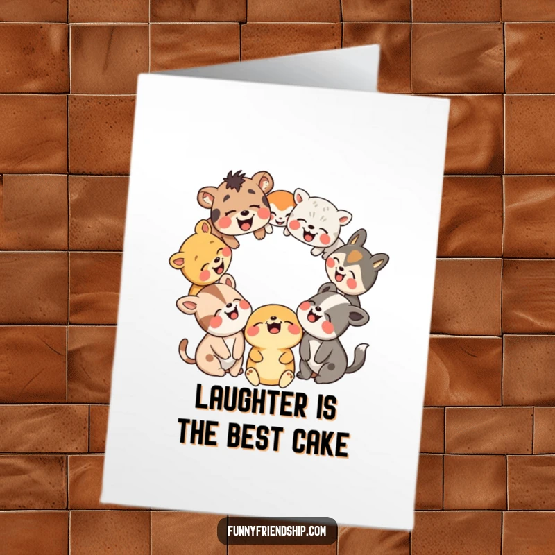 Funny Free Printable Birthday Card: Animals in a circle roaring with laughter, radiating pure joy and merriment.