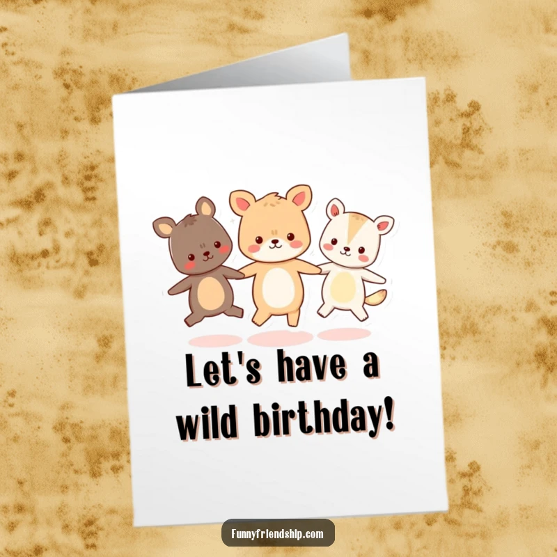 Funny Free Printable Birthday Card: Three cute animals holding hands, skipping happily in a circle for a birthday.