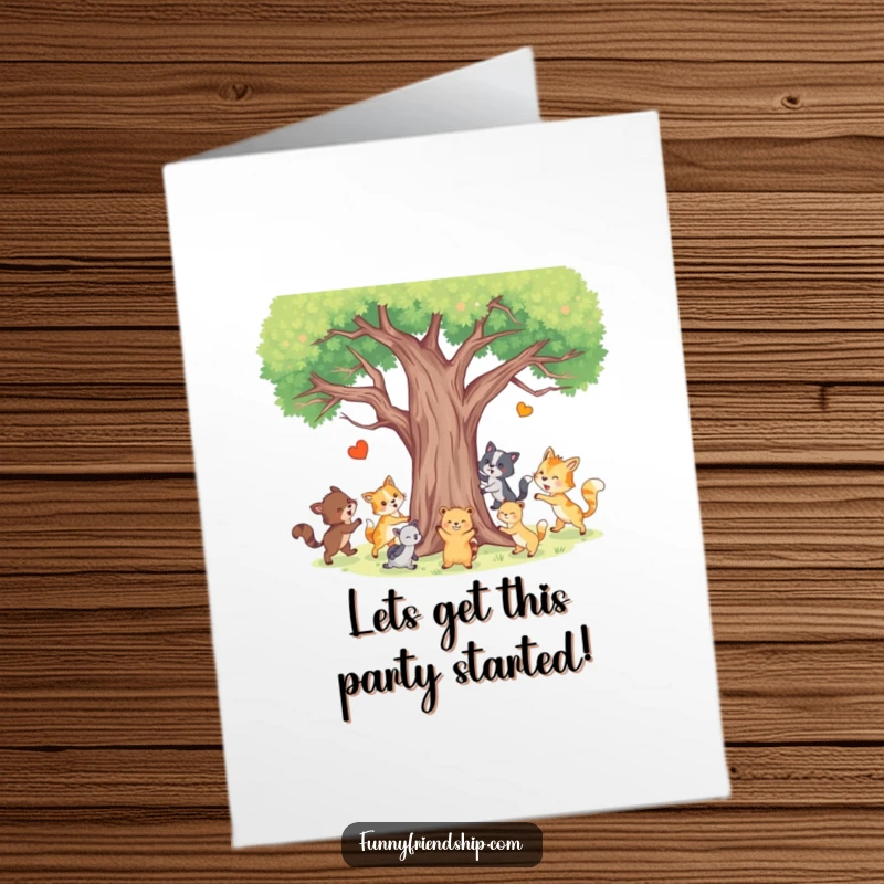 Funny Free Printable Birthday Card: animals joyfully playing tag around a tree, a delightful downloadable greeting.