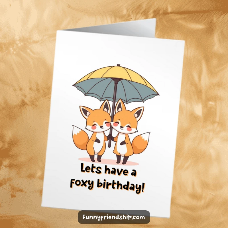 Funny Free Printable Birthday Card: Two cheerful foxes huddle together under a comically large umbrella, sharing a moment.