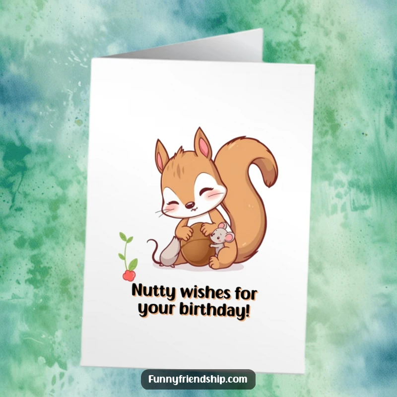 Funny Free Printable Birthday Card: A curious squirrel generously shares a nut with a tiny, grateful mouse.