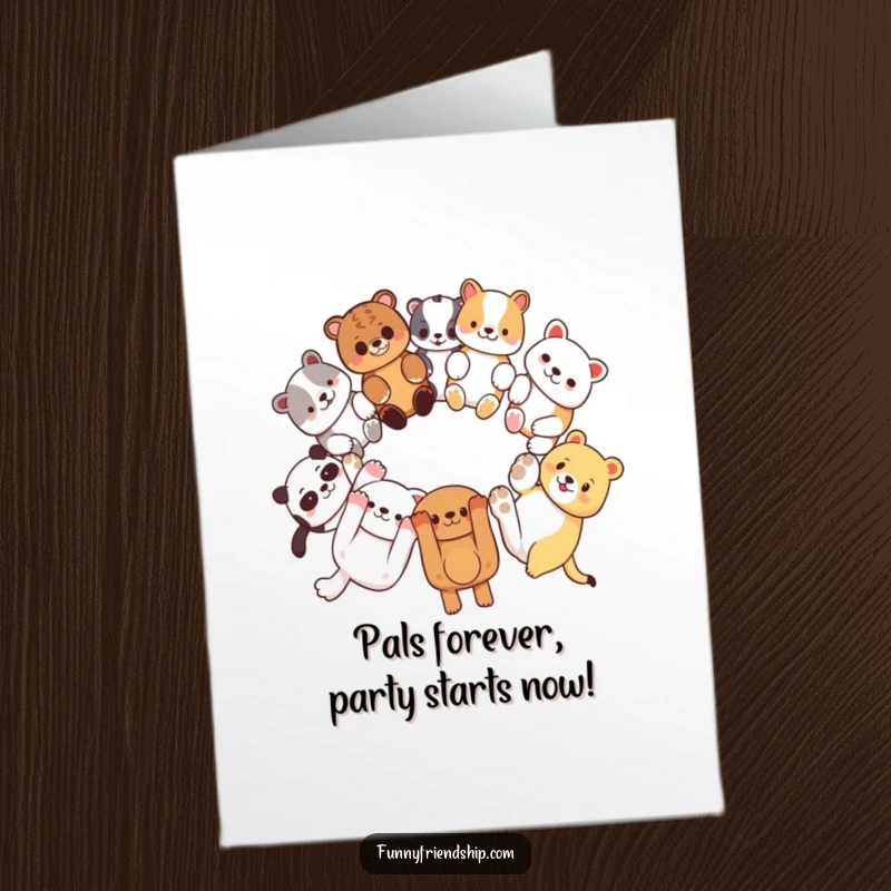 Funny Free Printable Birthday Card showing diverse animal characters linking paws in a happy circle, celebrating friendship and joy.