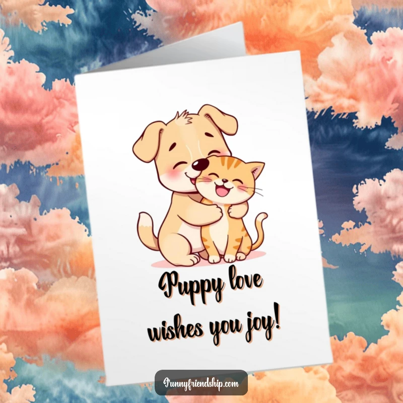 Funny Free Printable Birthday Card: Cute dog gives a playful hug to a happy cat friend, bringing smiles.