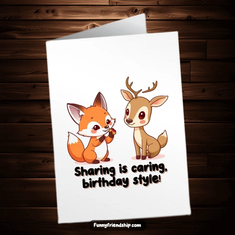 Funny free printable birthday card featuring a curious fox sharing a treat with a shy deer.