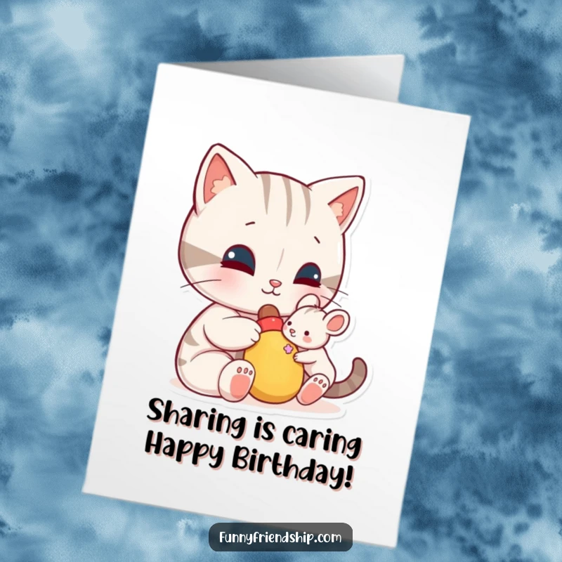 Funny Free Printable Birthday Card: A cat character kindly shares a toy with a small mouse character, a heartwarming scene.