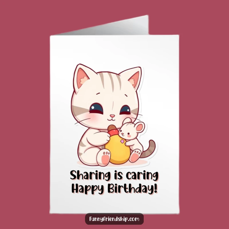 Funny Free Printable Birthday Card: Cat & Mouse Sharing - Sweet DIY Downloadable Gift