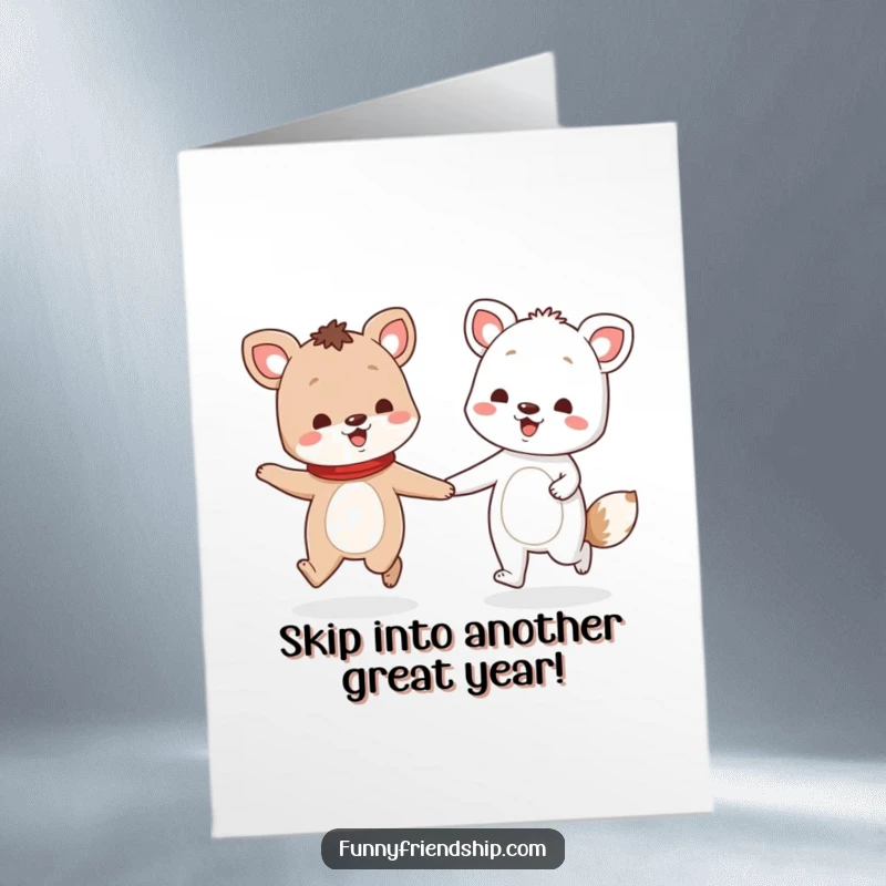 Funny Free Printable Birthday Card: Two animal friends holding hands and skipping joyfully. Downloadable gift.