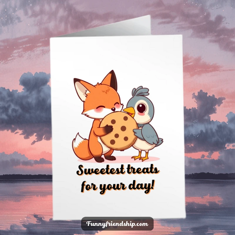 Funny Free Printable Birthday Card with a fox sharing a giant cookie with a bird, celebrating friendship and sweet treats on a birthday.