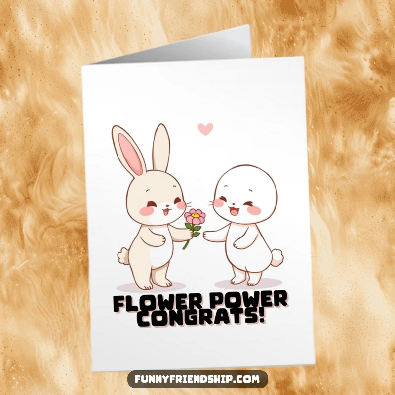 Funny Free Printable Congratulations Card: A sweet rabbit character presenting a flower to a happy friend, celebrating a wonderful achievement.