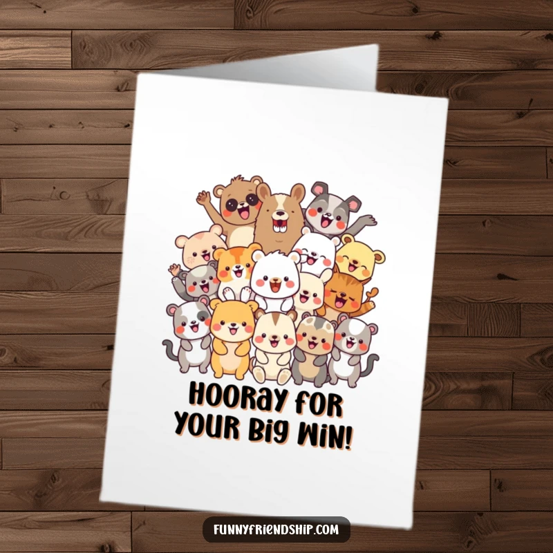 Funny Free Printable Congratulations Card: Diverse animal characters gathered for a joyous celebration. DIY gift.