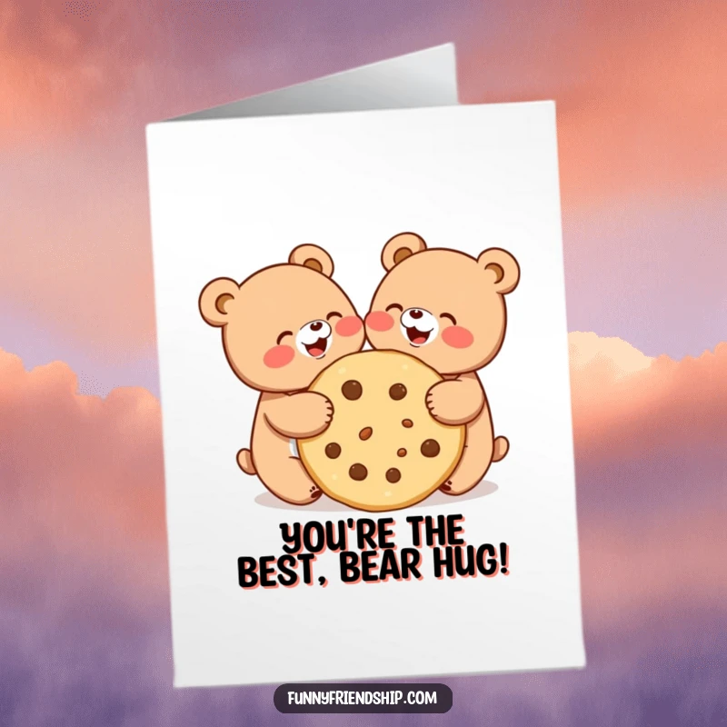 Funny Free Printable Bear Congratulations Card: Two cute bears happily sharing a giant cookie, celebrating a wonderful achievement together.