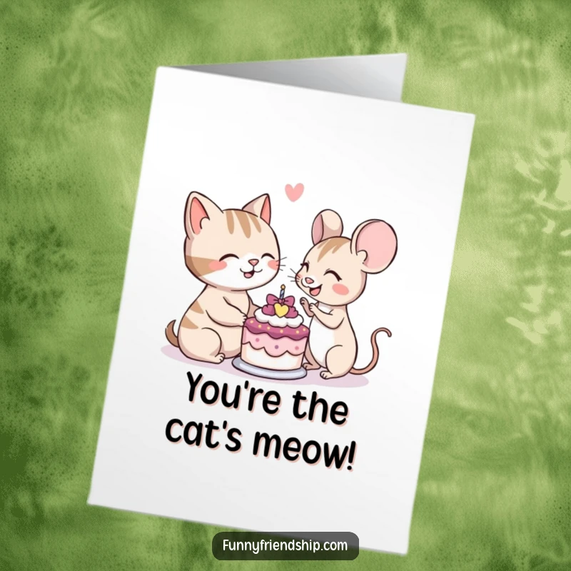 Funny Free Printable Congratulations Card: Cat and mouse sharing a cake and smiling, celebrating an accomplishment.