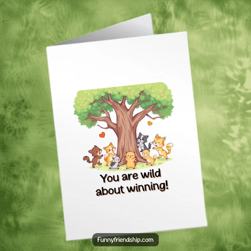 Funny Free Printable Congratulations Card of animals playing tag, a lively downloadable greeting.