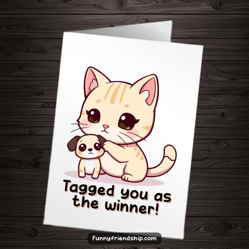 Funny Free Printable Congratulations Card: A cat playfully tags a small dog, celebrating a win with humor.