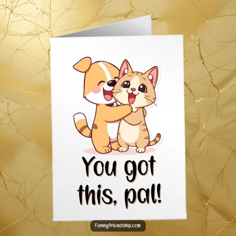 Funny free printable congratulations card with a dog enthusiastically hugging a surprised cat character.