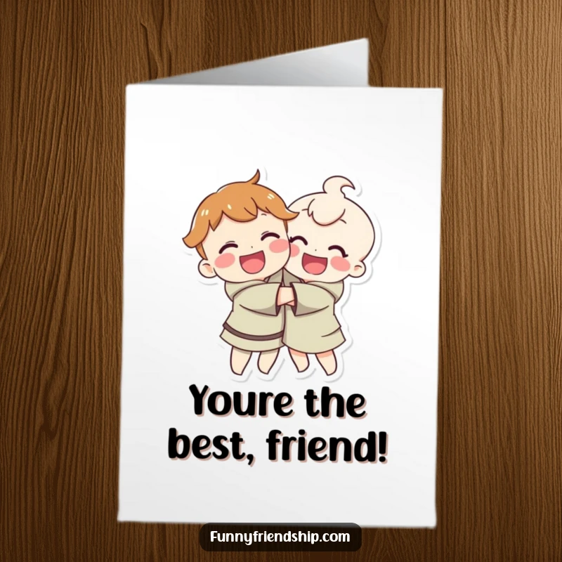 Funny free printable congratulations card: Two ecstatic characters embracing in a celebratory hug.