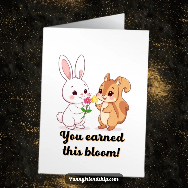 Funny free printable congratulations card: a rabbit offers a flower to a shy squirrel.
