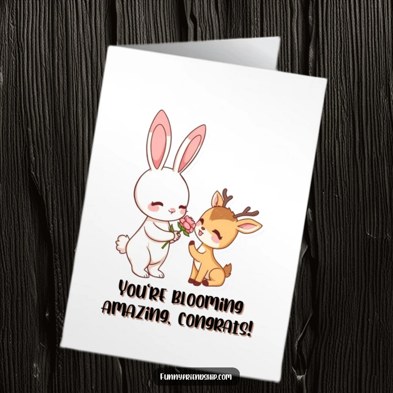 Funny Free Printable Congratulations Card with a rabbit gifting a flower to a deer, celebrating achievements with a sweet gesture.