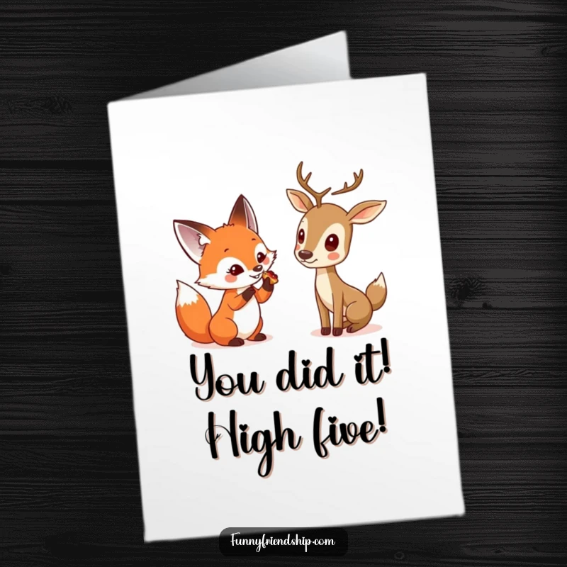 Funny free printable congratulations card with a curious fox offering a treat to a shy deer.