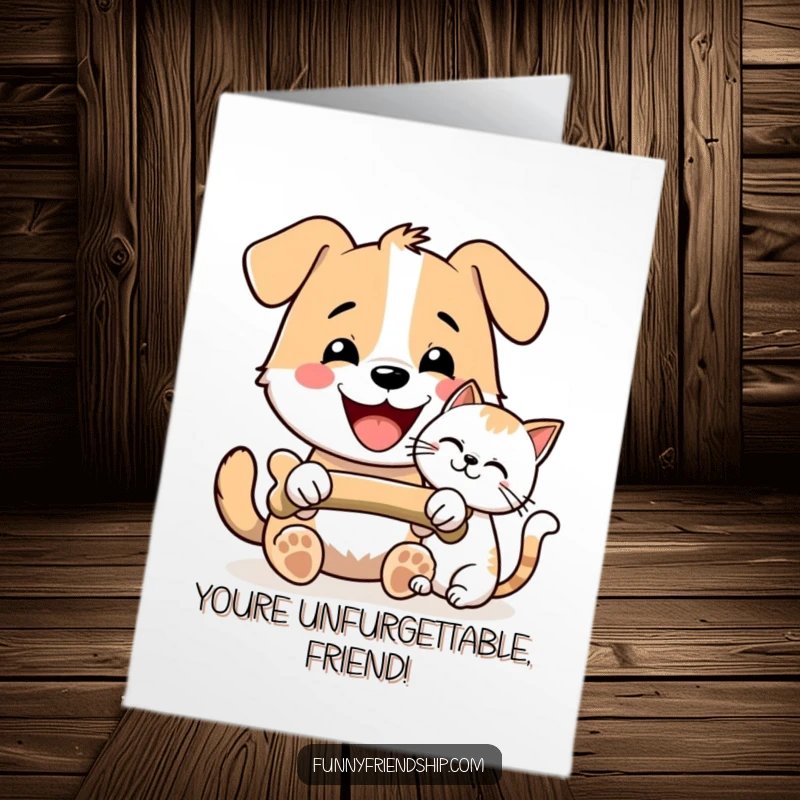 Funny Free Printable Congratulations Card: A happy dog shares a bone with a content cat, celebrating friendship.