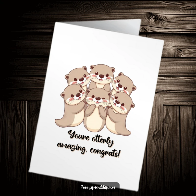 Funny Free Printable Otter Congratulations Card, playful otters holding paws in a circle, perfect for achievements.
