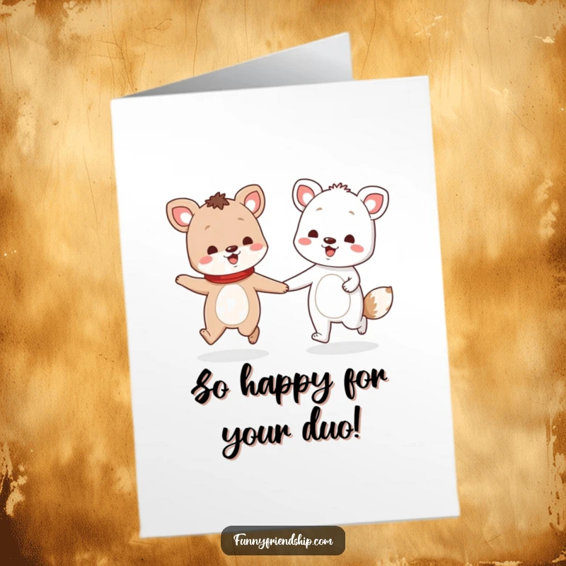 Funny Free Printable Congratulations Card: Animal friends holding hands and skipping, celebrating success. DIY gift.