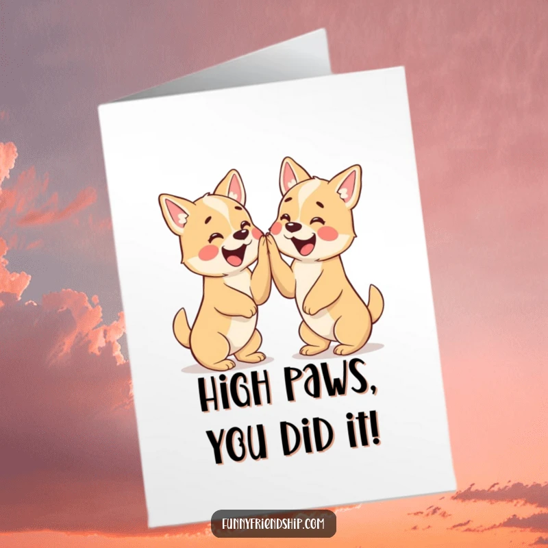 Funny Free Printable Congratulations Card: Two happy dogs giving an enthusiastic high five, celebrating an achievement.