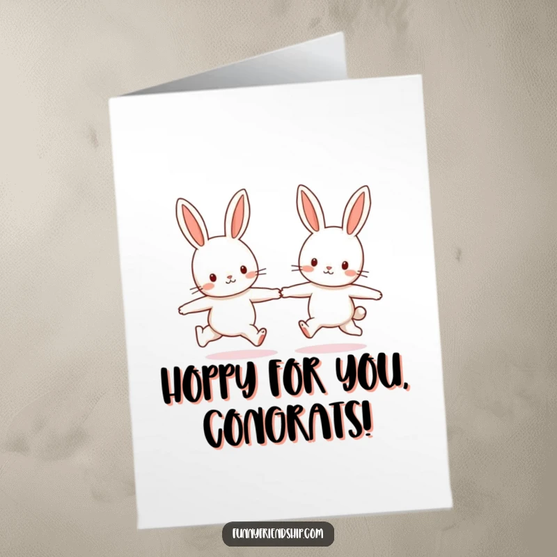 Cute Free Printable Congratulations Card: Two bunnies skipping hand-in-hand, celebrating achievements with playful energy.