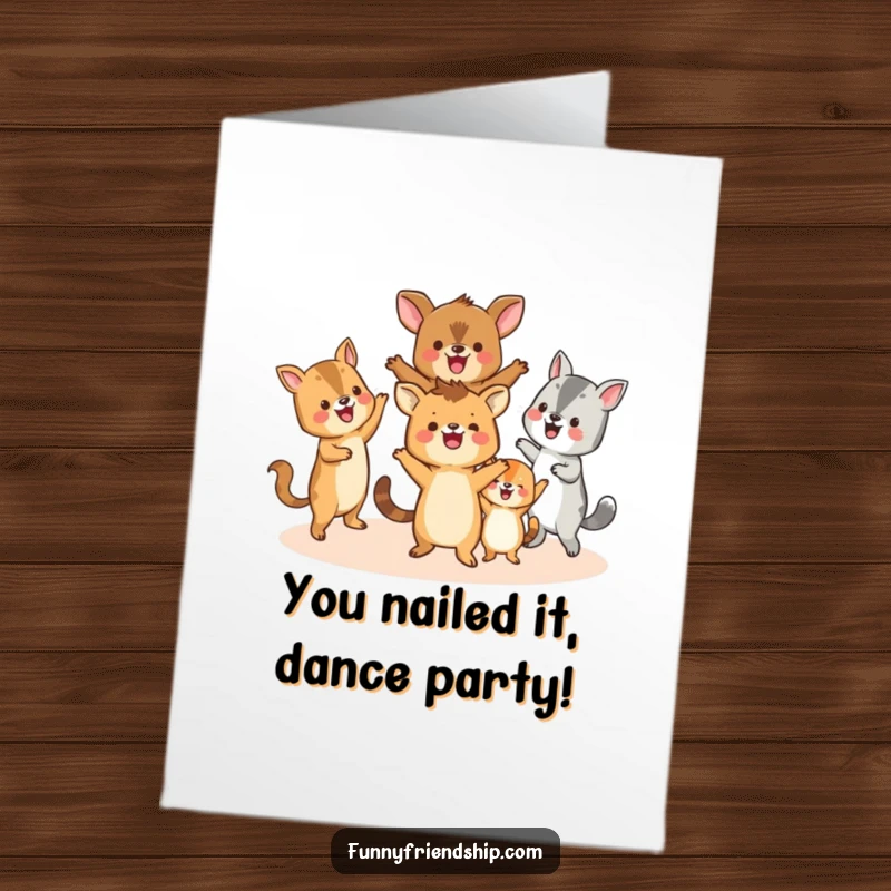 Funny Free Printable Congratulations Card with a group of cheerful animals dancing in a circle, cheering on success with infectious enthusiasm.