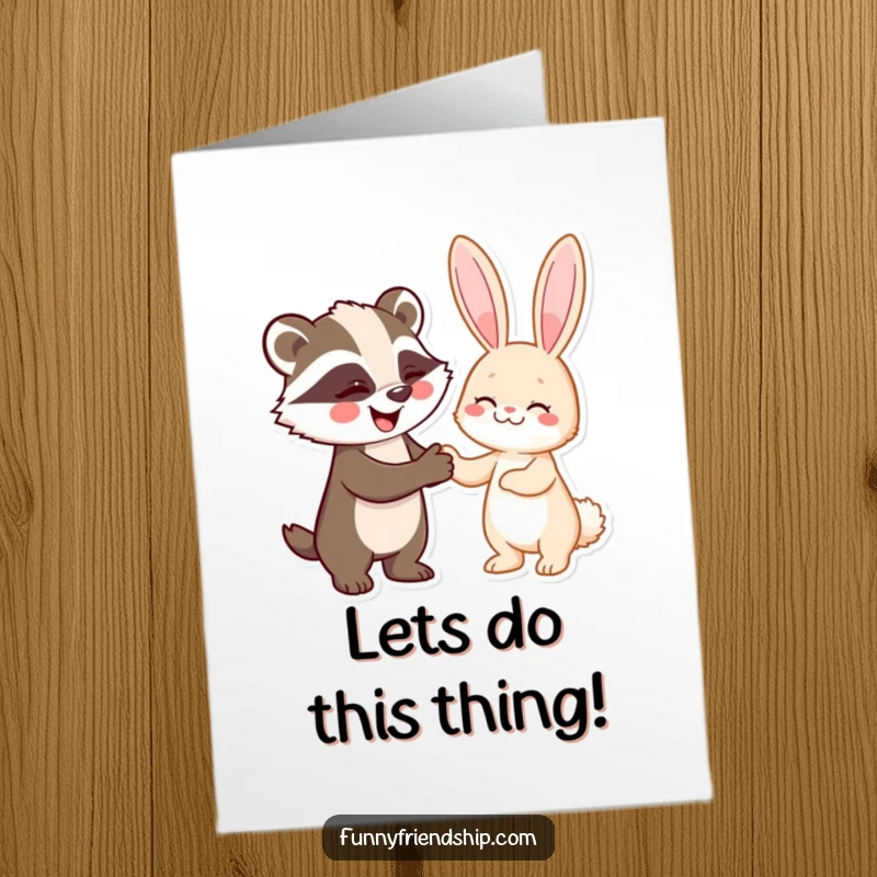 Funny free printable congratulations card: A badger and rabbit friendly handshake, celebrating a joint success.