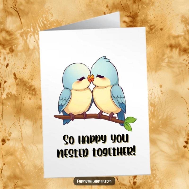 Free printable congratulations card showing two charming birds nuzzling closely, celebrating a special moment together.