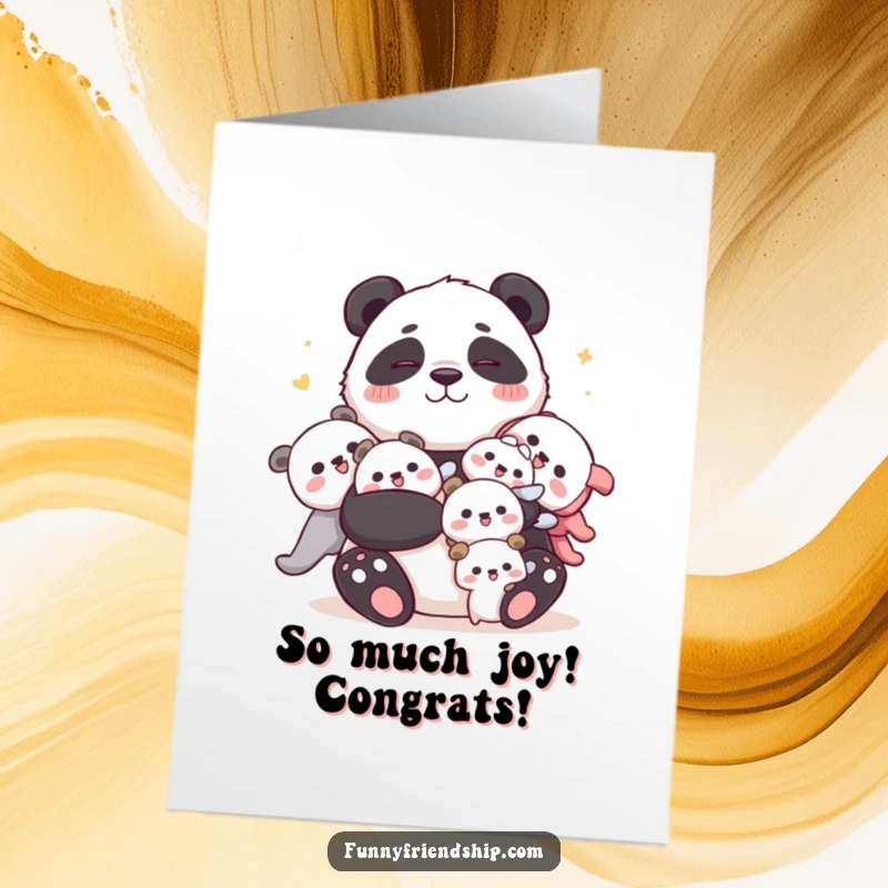 Funny Free Printable Panda Congratulations Card: A giant panda joyfully hugs smaller characters, celebrating a friend's success.