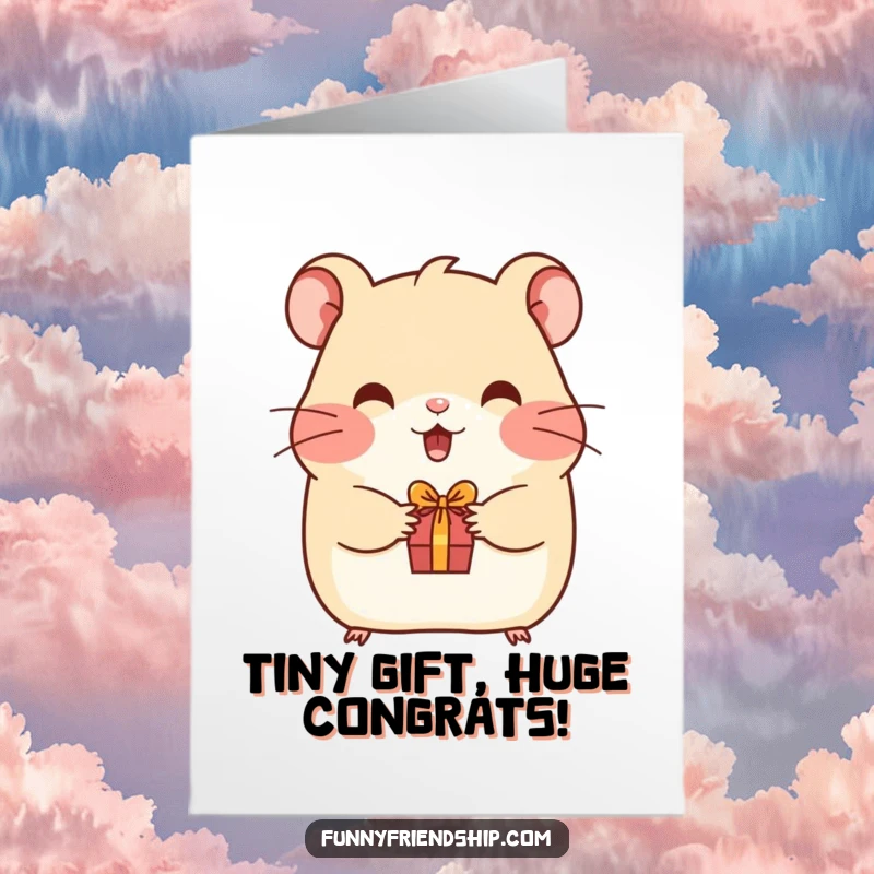 Funny Free Printable Hamster Congratulations Card: A happy hamster offers a small gift, celebrating a friend's big success.