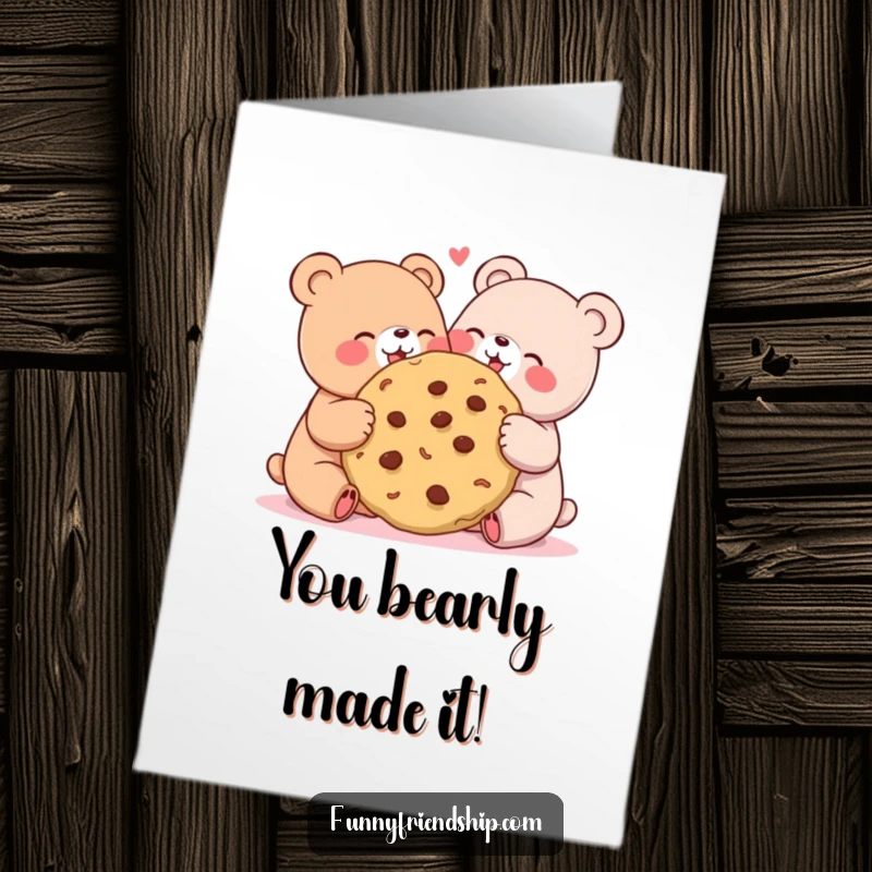 Funny Free Printable Congratulations Card: Two cute bears delightedly sharing a very large cookie together.