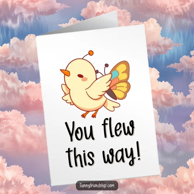 Funny Free Printable Congratulations Card: Cheerful bird and butterfly characters in mid-flight, celebrating success.