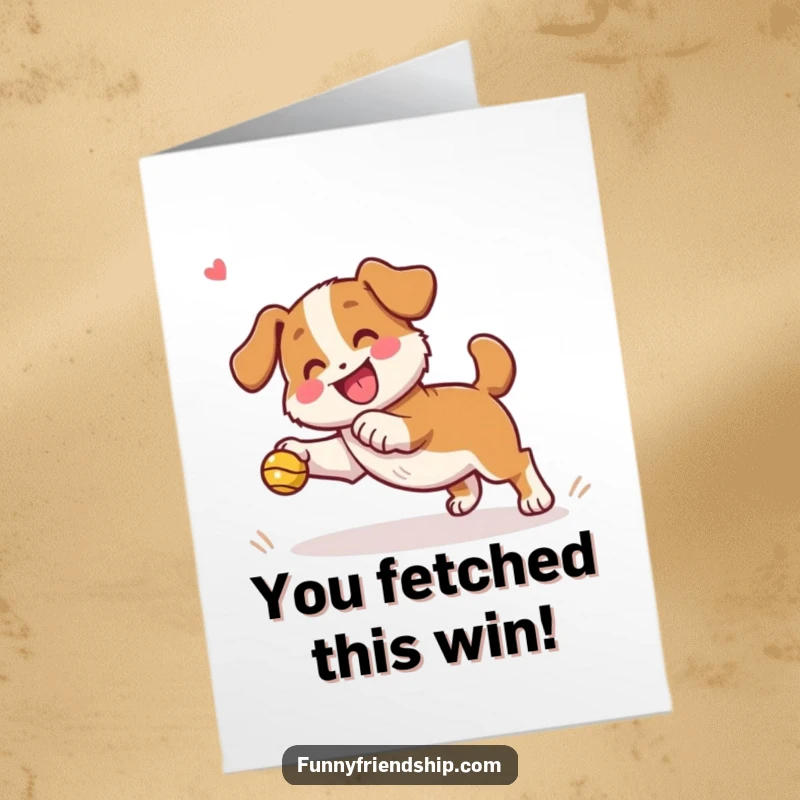 Funny Free Printable Congratulations Card: A happy dog mid-fetch, cheered on by a joyful companion, celebrating a fantastic accomplishment.