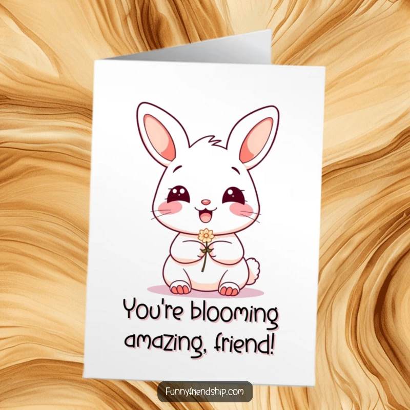 Funny Free Printable Congratulations Card: A happy bunny with a grin presents a small flower as a token of well wishes.