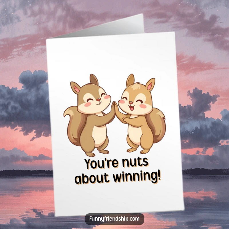 Funny Free Printable Congratulations Card: Two squirrel characters celebrating a success with an enthusiastic high-five.