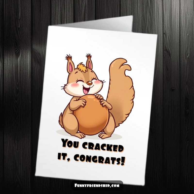 Funny Free Printable Congratulations Card: A happy squirrel sharing a giant nut with a friend, celebrating a significant achievement together.