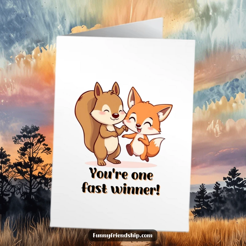 Funny Free Printable Congratulations Card: Squirrel and fox playing tag, celebrating a speedy achievement. DIY gift.