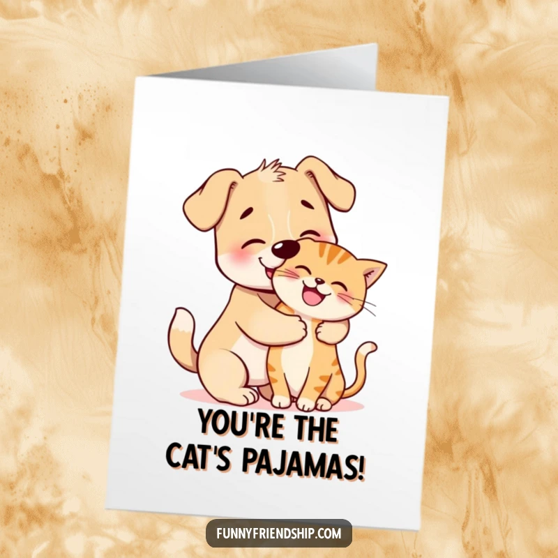 Funny Free Printable Congratulations Card: A dog and cat share a warm, playful hug, perfect for celebrating wins.