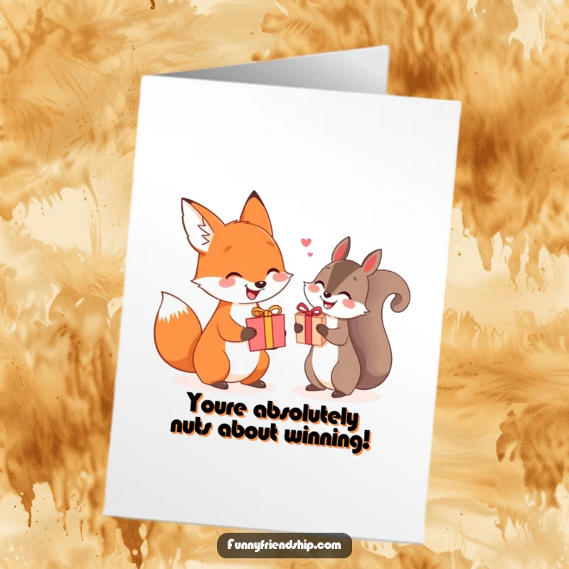 Funny Free Printable Fox and Squirrel Congratulations Card, happy animals exchanging gifts, perfect for achievements.