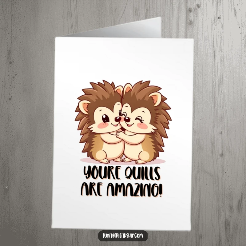 Funny Free Printable Congratulations Card: Two happy hedgehogs hugging tightly, conveying warm wishes for achievements.