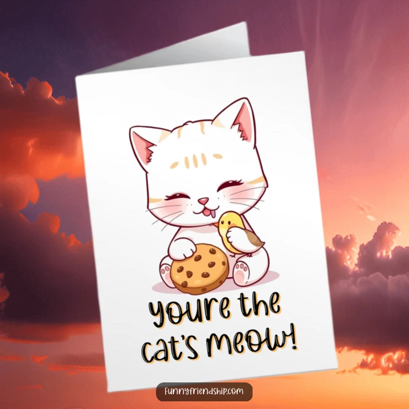 Funny Free Printable Congratulations Card of a cat sharing with a bird, a friendly downloadable greeting.